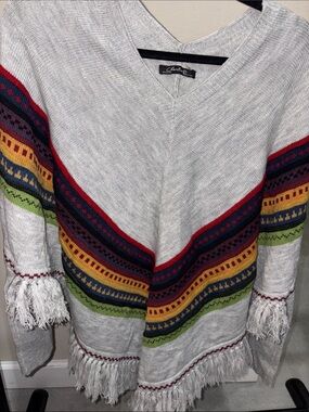 CHARLIE B Light Gray V-Neck Sweater with Red, Navy, Yellow & Green Stripes